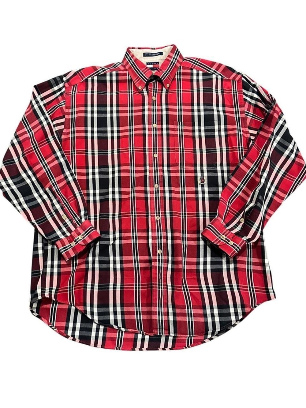 Vintage Tommy Hilfiger Red & Black Plaid Shadow Check Button Up Flannel Shirt